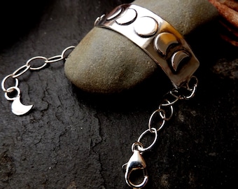Silver moon phase bar bracelet with clasp and moon charm , sterling silver moon bracelet