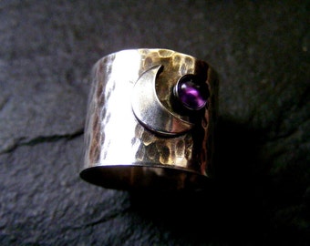 Silver Wide Band Rustic ring with Crescent Moon Amethyst Celestial Sterling Statement Ring