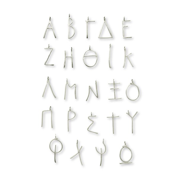 Greek Alphabet Pendant. Greek initials in capital form. Greek letters made of sterling silver in a black wax-cord or silver chain.