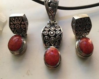 Röd korall sterling halsband örhängen set piercad lädersnöre 18" hänge 925 silver jordnära ekologisk handgjord mystisk gåva
