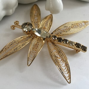 Vintage Filigree Rhinestone Butterfly Pin Brooch 80s Insect Dragonfly Gold tone Wedding Bouquet Botanical Nature Garden Vintage Summer Gift