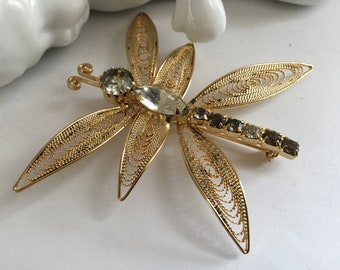 Vintage Filigree Rhinestone Butterfly Pin Brooch 80s Insect Dragonfly Gold tone Wedding Bouquet Botanical Nature Garden Vintage Summer Gift