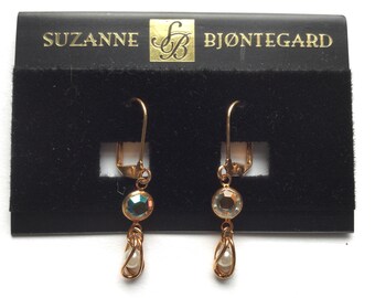 Suzanne Bjontegard Rhinestone Pierced Earrings NOS Caged Faux Pearls England Lever Back Bridal Wedding Vintage Bridesmaid Prom Vintage Gift