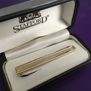 Stafford Tie Clip Bar NOS Original Box Gold Tone Silver Mesh Wedding Boy Gentleman Formal Father Groom Tuxedo  Best Man Bridal Retro Gift