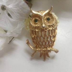 Owl on Branch Pin Brooch Green Rhinestones Eyes Wisdom Figural Open Work Gold Tone Woodland Animal