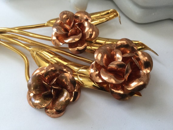 Art Deco Large Rose Pin Brooch Gold and Copper To… - image 8