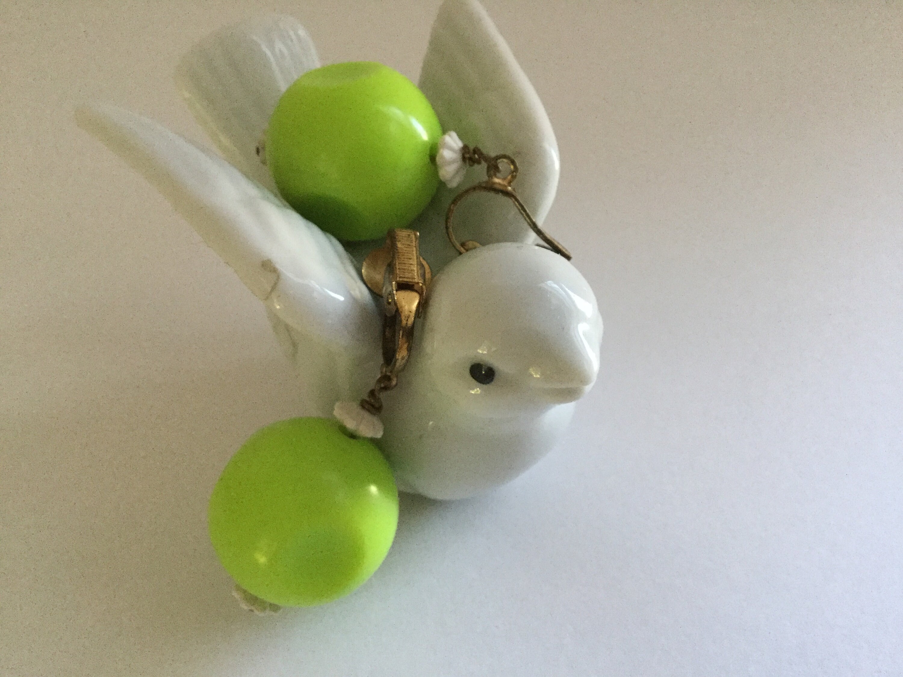 Lime Green Earrings 60s Clips Drop and Dangle Balls Floral
