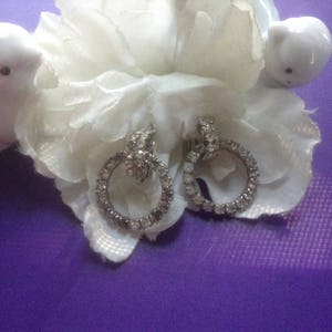 Vintage Rhinestone Circle Earrings Clips Bridal Prom Evening Vintage Costume Round Bling Faceted Silver Wedding Bridal Jewelry Festive Gift