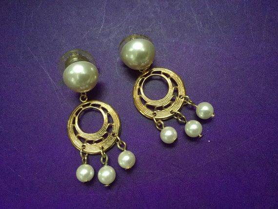 Napier Faux Pearl Earrings Pierced 80s NOS Hoops … - image 1