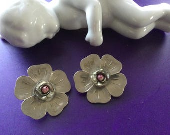 Silver Flower Earrings Clip-on Metal Bead Etched Statement Floral Easter Vintage Petals Romantic Bridal Wedding Mother Prom Summer Gift