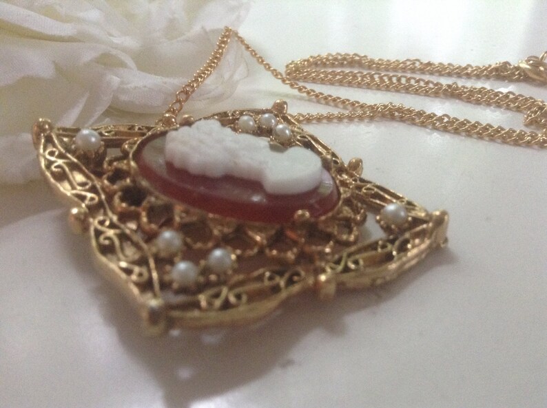 Cameo Faux Pearl Brooch Necklace Pendant 18 Filigree Etsy