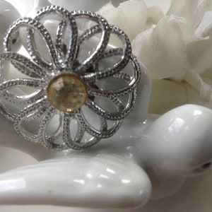 House of Stern Cutwork Brooch Pin  Rhinestone Silver tone Flower Mid Century Vintage Wedding Classic Teacher Mother Sweater Purse Gift