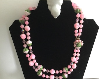 Glass Flower Necklace Choker 20" Pink Green Double Strand Crystal Aurora Borealis Molded Plastique Beads Fruit Salad Bridal Vintage Wedding