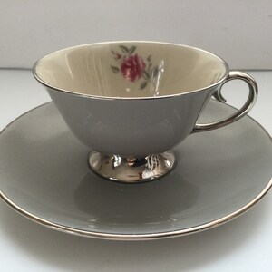 Flintridge Miramar Teacup and Saucer Gray Platinum Rim Footed China USA California Rose Pattern  Floral Tea Party Garden Party Bridal  Gift