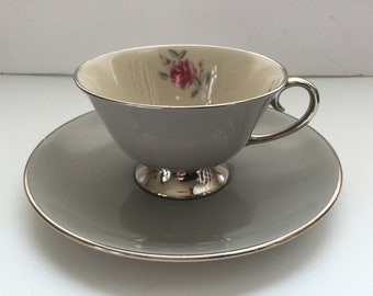 Flintridge Miramar Teacup and Saucer Gray Platinum Rim Footed China USA California Rose Pattern  Floral Tea Party Garden Party Bridal  Gift