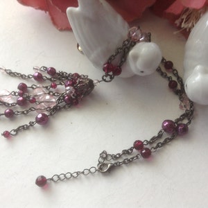 Vintage Y Necklace Choker  Fuchsia Pink Purple Crystal Beads Silvertone 15&quot; Bridal Wedding ValentinesMother&quot;s Day Birthday Gift jewlery gift