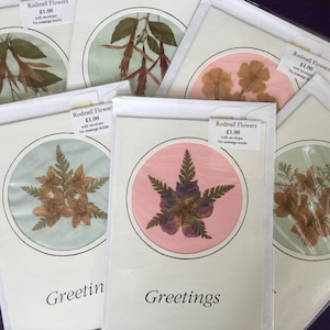 Juego de seis tarjetas de flores prensadas de Rodmell vintage East Sussex England Blank St. Peter’s Restoration Fund Papelería Correo postal Regalo retro