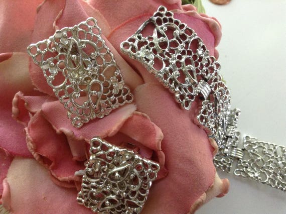 Filigree Bracelet Earring Set Metal Silver Fold-O… - image 5