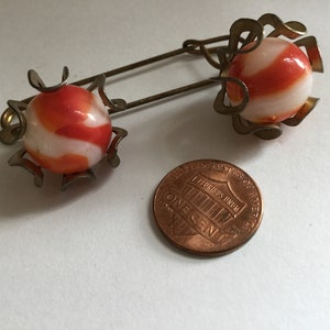 Vintage Caged Marble Kilt Pin Brooch Sweater Orange Swirl Milk Glass Brass Preppy Safety Pin Skirts Scarf Belt Collar Accessory Gift image 4