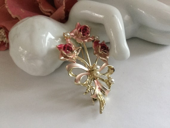 Pink Enamel Rose Pin Brooch Faux Pearl Corsage Fl… - image 7