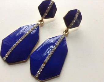 Blue Enamel Earrings Pierced Rhinestone Drop and Dangle  Studs 80s  Shades of Blue Bridesmaid Wedding  Statement Formal  Prom Gift