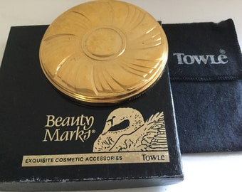 Vintage Towle Gold EP Mirror Table Top Art Deco Pouch Original Box Vanity Reflection Round Collectible Purse Wedding Boudoir Prom Bride