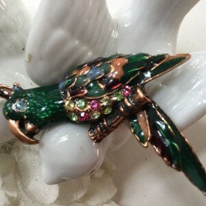 Parrot Pin Brooch Rhinestones Enamel Copper Crystals Green Branch Resort McCaw Tropical Cruise Bird Bead Vintage Animal Modern Gift