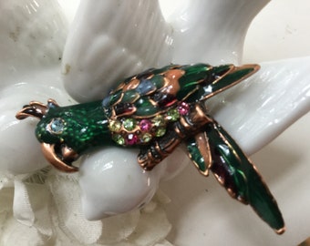 Parrot Pin Brooch Rhinestones Enamel Copper Crystals Green Branch Resort McCaw Tropical Cruise Bird Bead Vintage Animal Modern Gift