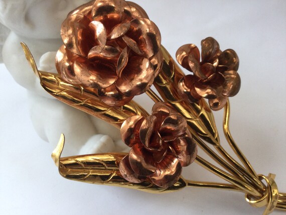 Art Deco Large Rose Pin Brooch Gold and Copper To… - image 10