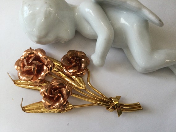Art Deco Large Rose Pin Brooch Gold and Copper To… - image 1