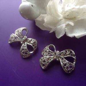 Filigree Rhinestone Ribbon Bow Pin Set of Two Brooch Vintage  Silvertone  Bridal Bouquet Vintage Wedding Mother Holiday Teacher Dressy Gift