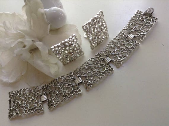 Filigree Bracelet Earring Set Metal Silver Fold-O… - image 2