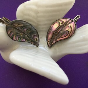 Sterling Abalone Leaf Earrings Screw Backs Inlay Hand Crafted  Mexico Mexican Vintage Artisan Signed 925 Shell Jewelry Boho Gift