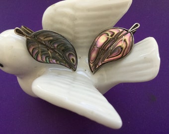 Sterling Abalone Leaf Earrings Screw Backs Inlay Hand Crafted  Mexico Mexican Vintage Artisan Signed 925 Shell Jewelry Boho Gift