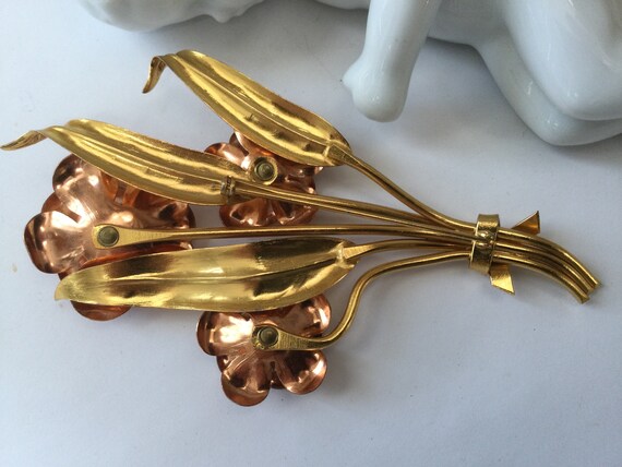 Art Deco Large Rose Pin Brooch Gold and Copper To… - image 7