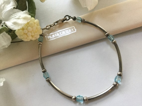 Plata De Ley Sterling Crystal Link Bracelet 7" Vintage 925 "Something Blue" Italy Mother's Day Prom Graduation Wedding Birthday Bride Gift