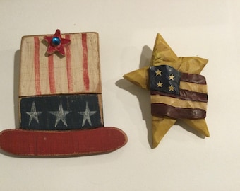 Lot of 2 Patriotic Brooches Pin Star Flag Hat Wood Fourth of July USA America Red White Blue Vintage Jewelry Birthday Gift Veterans Election