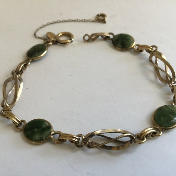 Bal-Ron Green Stone Bracelet  7" Gold Filled 1/20 12KT G.F. 50's Mid Century Safety Chain Hang Tag Link Twist Jade St. Patrick Gift