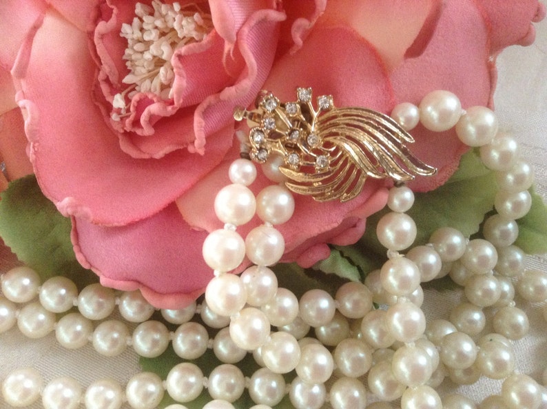 Faux Pearl Necklace Japan knotted rhinestone clasp Etsy