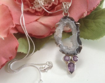 Sterling Geode Amethyst Pendant Necklace Enhancer Gemstone 925 OOAK Druzy Organic Gemstones Geode Purple Mystical February Jewelry Gift