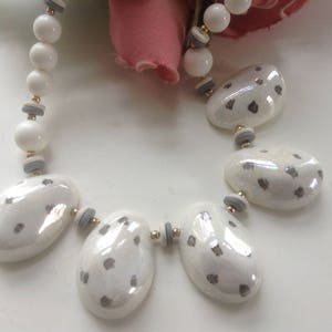 Vintage Ceramic and Bead Necklace 19” NOS Single Strand Made in Japan Geometric Glazed White Gray Hand Painted Hand Made Retro Boho Gift