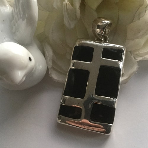 Vintage Black shops Enamel Geometric Pendant 80s Modernist Large Rectangular Jewelry Gift Silver Tone Mid Century Style Statement