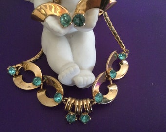 Aquamarine Jewelry Set Necklace Earrings Screw Backs Rhinestone "Something Blue"  Wedding Mid Century 50s Collectible Gift