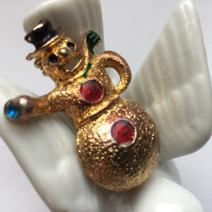Vintage Rhinestone Snowman Brooch Pin Enamel Top Hat Scarf Holiday Christmas Winter Gift Stocking Stuffer Grab Bag Teacher Vintage