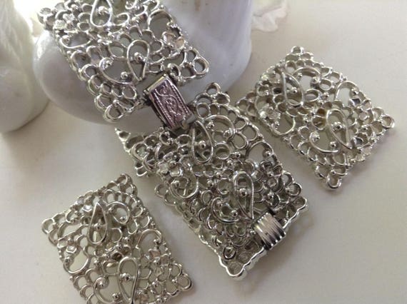 Filigree Bracelet Earring Set Metal Silver Fold-O… - image 4
