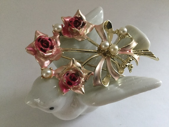 Pink Enamel Rose Pin Brooch Faux Pearl Corsage Fl… - image 8