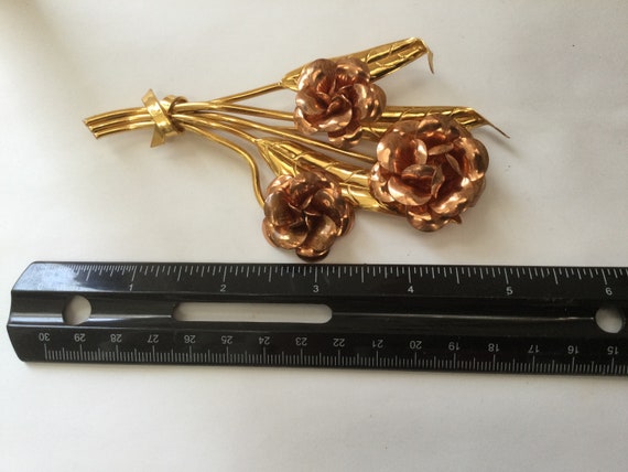 Art Deco Large Rose Pin Brooch Gold and Copper To… - image 5