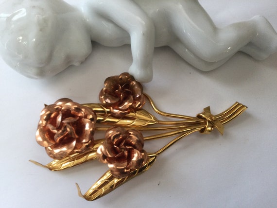Art Deco Large Rose Pin Brooch Gold and Copper To… - image 3