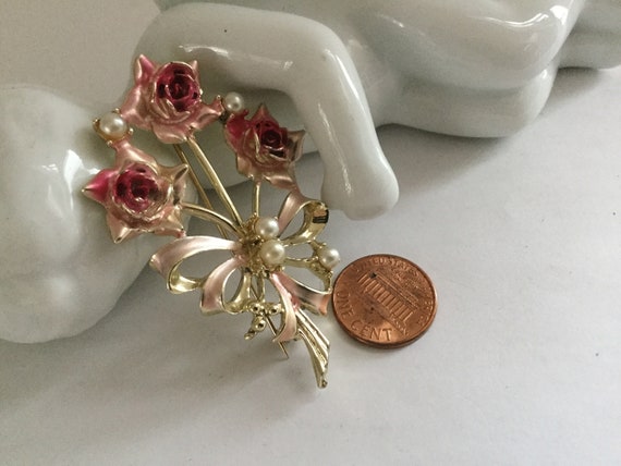 Pink Enamel Rose Pin Brooch Faux Pearl Corsage Fl… - image 5