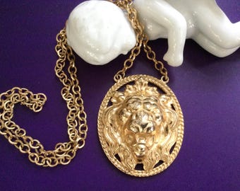 Napier Lion Head Pendant Necklace 30" Goldtone Large Repousse Chain Link Face Roaring Safari August Birthday Statement Vintage  Gift